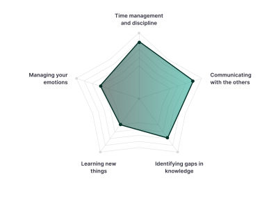 A spiderweb showing how advanced each reflective domain is: Time management and discipline, Communicating with the others, Identifying gaps in knowledge, Learning new things, Managing your emotions