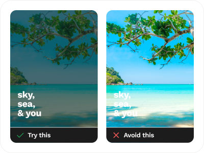 Try This and Avoid This for Accessible Text Over Images design techniques, with the left side showing an example of what to try such as using a dark overlay over a photo and white text on top, and the right side showing an example of what to avoid (white text directly over a photo). The text displayed over the image reads ‘sky, sea, & you.’