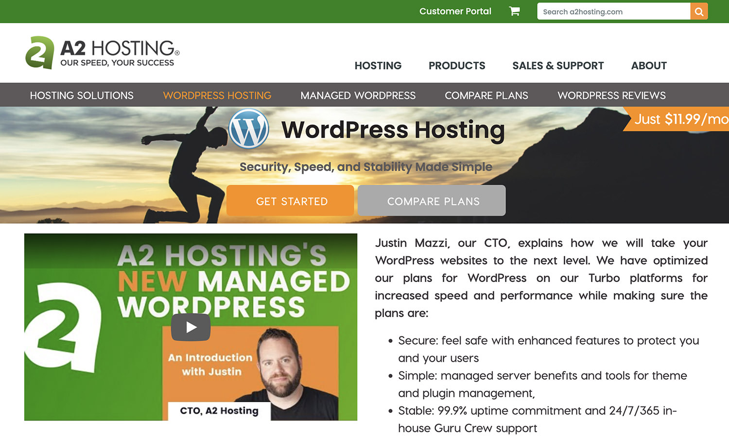 Image of A2's WordPress Hosting Interface