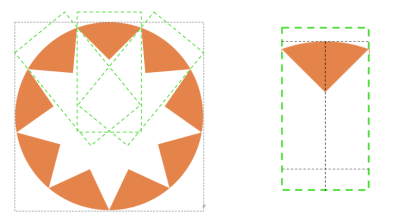 A starburst shape illustrated as a series of triangular shapes that are cut out of a large circular shape