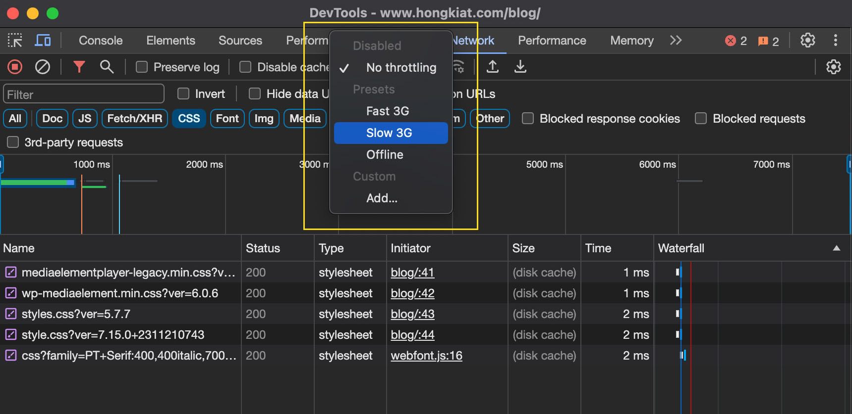 Network speed throttling options in Chrome DevTools