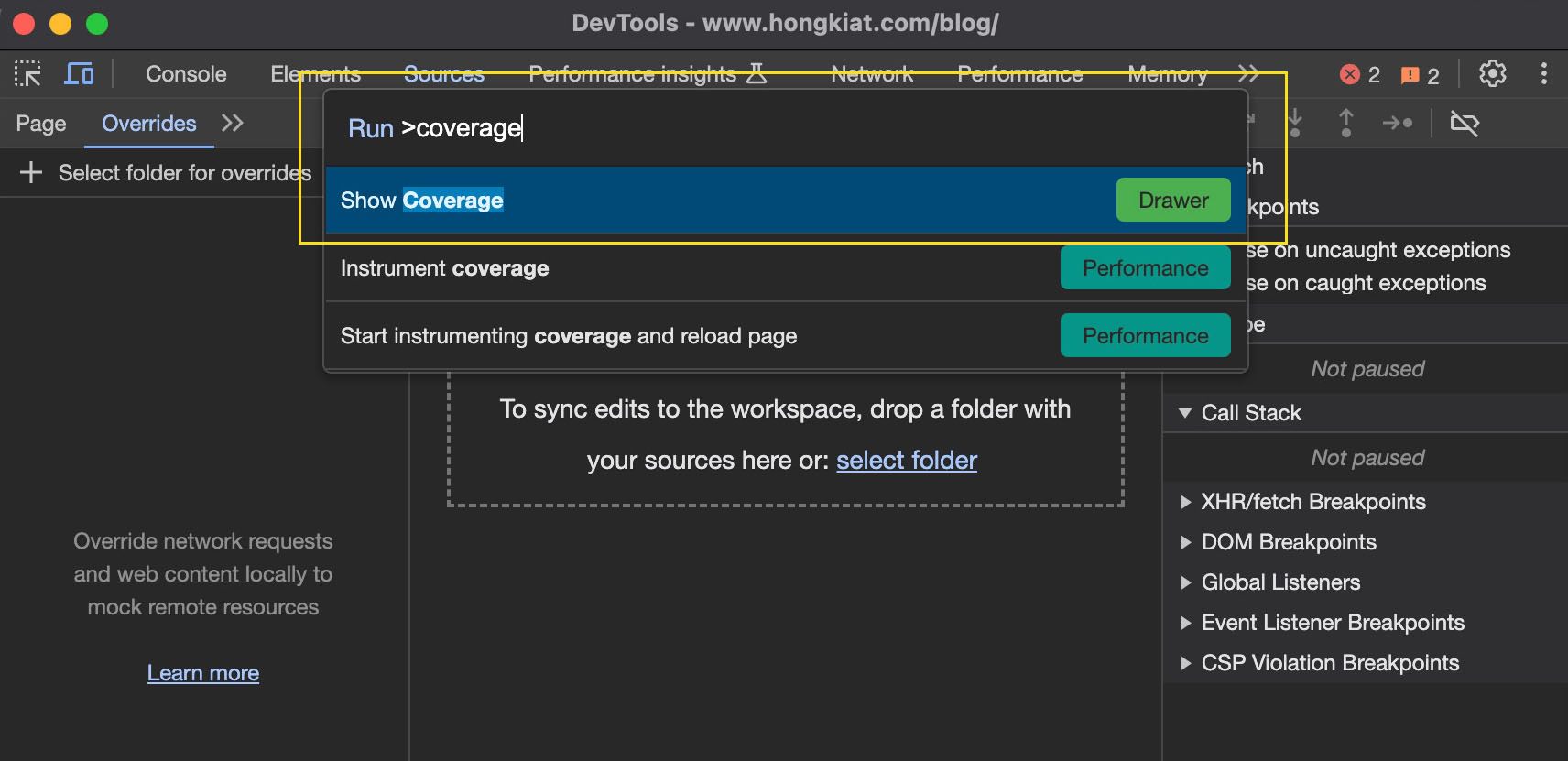 Accessing the Coverage tab in Chrome DevTools