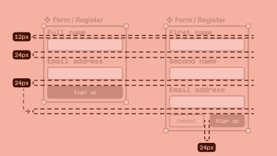 An illustration that shows how to fix the spacing values between each element while making the combinations of components infinitely flexible. Two forms with different spacing component combinations are being shown.