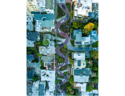 A picture of San Francisco’s Lombard Street, a twisty one-way path