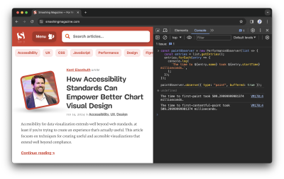 DevTools open on the Smashing Magazine website displaying the paint results in the console.