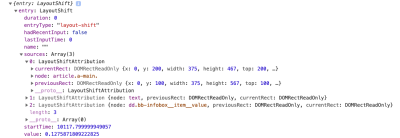 Tree outline showing the object properties and values for entries in the LayoutShift class produced by a query.