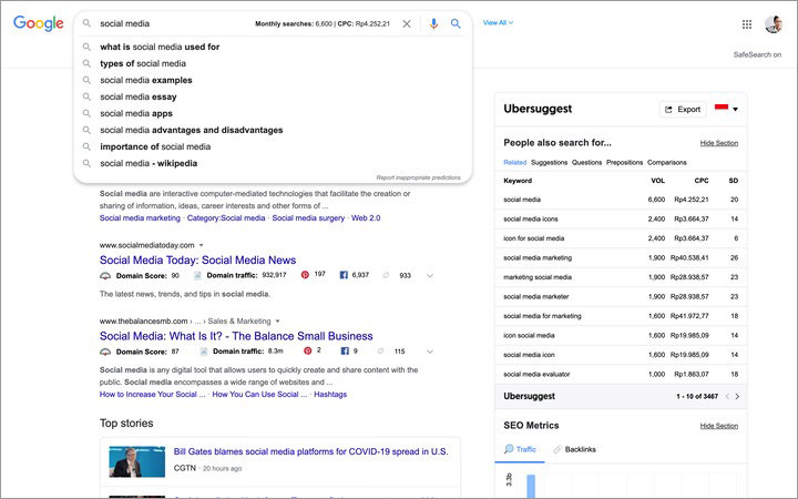 UberSuggest tool in action in the Google SERP