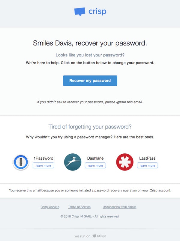 Password Reset Email Example from Crisp