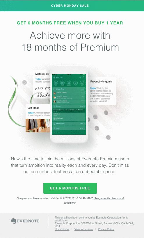 Promotion email from Evernote