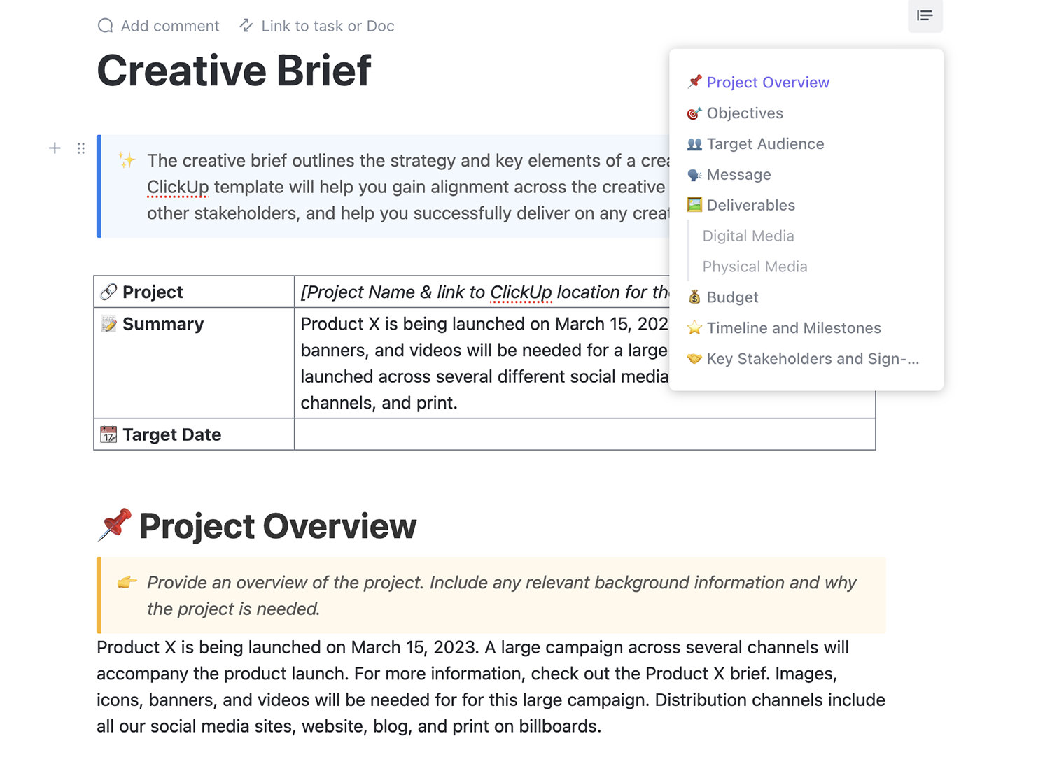 ClickUp Creative Brief Document template