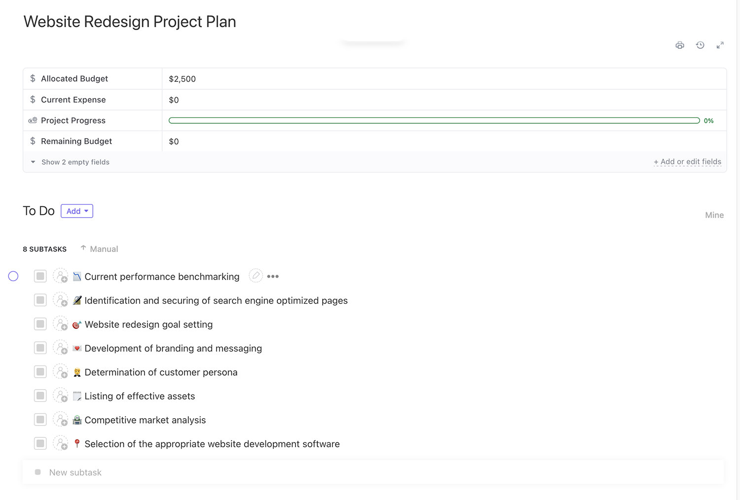 ClickUp Website Redesign Project Plan template
