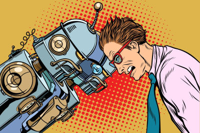 An illustration of a robot butting heads with a man in a shirt and tie