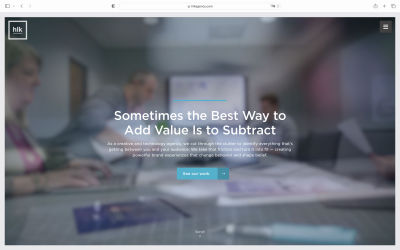 A screenshot of the HLK agency’s website, which shows the blurred image design technique. The website’s headline is in the middle, over the blurred image. It reads, ‘Sometimes the best way to add value is to subtract.’