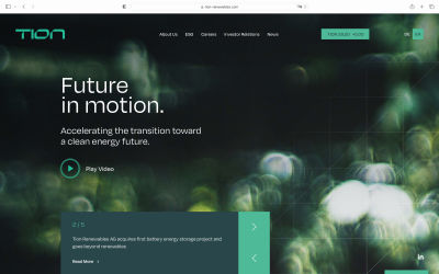 A screenshot of the Tion Renewables website that uses the blurred entire image and Copy Space design technique to position the website’s main heading and description: ‘Future in motion,’ ‘Accelerating the transition toward a clean energy future.’