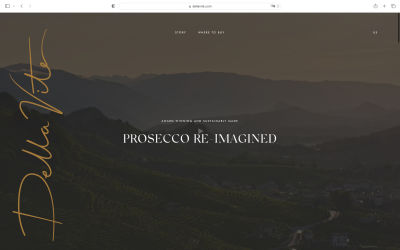 A screenshot of the Della Vite website. White letters ‘PROSECCO RE-IMAGINED’ in the center, on a dark background