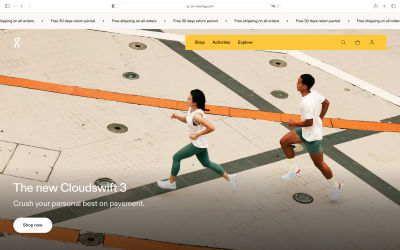 On-running landing hero page. The hero image is a man and a woman running together using on-running shoes. The text is saying ‘The new Cloudswift 3’, and there’s a sub-heading that says ‘Crush your personal best on the pavement’ along with a call-to-action button ‘Shop now’ in black text on a white background
