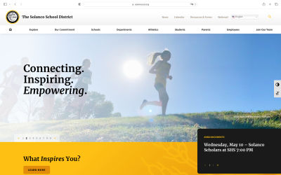 Screenshot of the Solanco School District website that uses the scrim overlay effect on their hero image to improve the readability and legibility of the headline that says ‘Connecting. Inspiring. Empowering.’