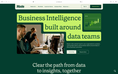Mode’s website uses the strip technique to cleverly embed their main headline along with the originally shaped strip. The screenshot shows a dark green background, with the dark text ‘Business Intelligence built around data teams’ on top of a light green strip, with plenty of contrast between the strip background color and the text color