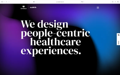 A screenshot of Studio 5B’s homepage that has text overlaid over a dark background. The heading text (in white letters) reads ‘We design people-centric healthcare experiences’ placed over a dark gradient background