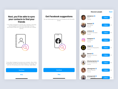  A sequence of screens sampled from Instagram’s onboarding flow. The first screen has a headline that reads, “Next, you’ll be able to sync your contacts to find your friends,” with a “continue” button and a smaller “skip” button. The second screen reads “Get Facebook suggestions” with a “continue” button and a smaller “skip” button. The third screen reads “Discover people” above a list of popular users that can be followed