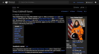 The concept for a dark mode design on a Wikipedia article page