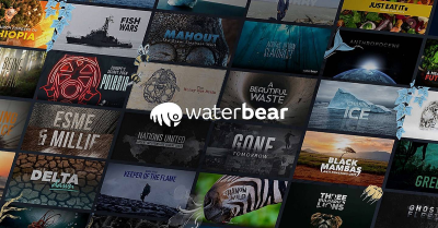 Waterbear logo with the background of various documentary posters
