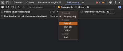 A screenshot with a specific performance tab in Chrome DevTools where you can choose between fast 3G, slow 3G, and offline