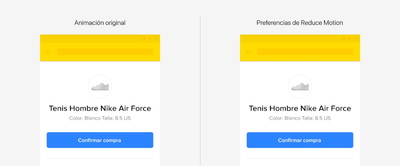 Comparing a feedback screen with animations that take up more than one-third of the screen versus the same screen with instant animations.
