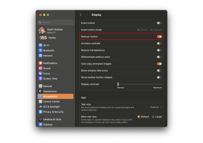 A screenshot with a MacOS “Reduce motion” setting in the System Settings