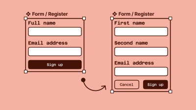 A detailed image that shows a form component in two variations. On the left, we have a form with ‘full name’, ‘email address’, and a ‘sign up’ button. On the right is shown a form in the same visual style, but the fields are ‘first name’, ‘second name’, and ‘email address’; and the button after the fields is now a button group (two buttons): one button for “cancel”, the other button for “sign up”.
