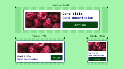 The same card is at different breakpoints: desktop (1440), tablet (768), and mobile (320). The card contains the following elements: a photo of raspberries, ‘Card Title’, ‘Card description’, and ‘Action’ button; and each element within each card is rearranged differently at different breakpoints.