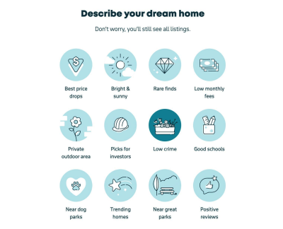 Various icons with large tap areas and descriptive labels, such as low crime, near great parks, and so on, that describe a dream house