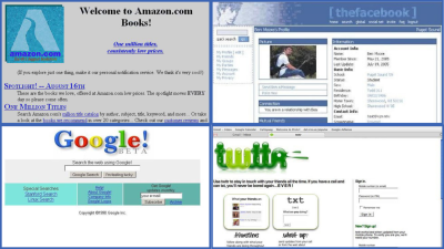 First versions of Amazon, Facebook, Google and Twitter