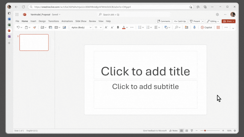 An animation displays a new button in Microsoft PowerPoint that allows users to make edits through a chat window.
