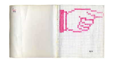 A photograph of Susan Kare’s sketchbook shows an early illustration of the pointer cursor. The illustration is drawn on a grided sketchbook where each cell in the grid mimics a pixel.