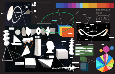Various abstract shapes in Geoff McFetridge’s signature style explore how to represent the conversational interface for the movie Her. The sketches include waveforms, ribbons, and color wheels.