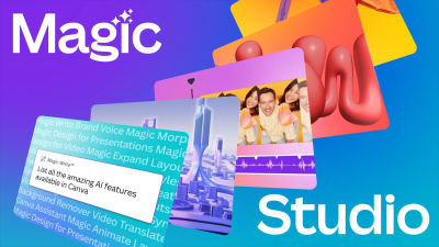 Canva’s marketing material displays large text that says “Magic Studio” and shows a few screenshots of the interface in which users manipulate it with natural language.