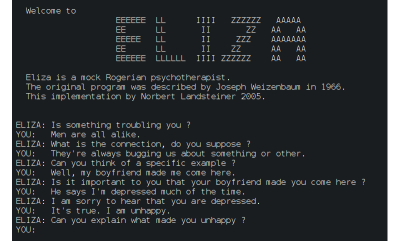 An example of a conversation with the ELIZA chatbot through a text-only interface. The text is displayed in a monospaced font on a black background.